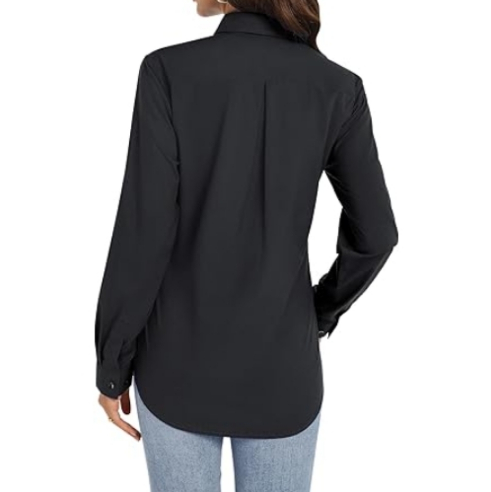 Button Down Long Sleeve Stretch Solid Work Shirt Black - Picture 4 of 6